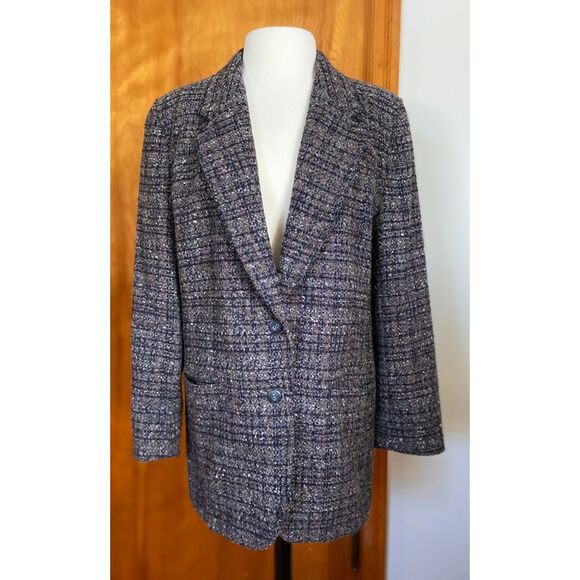 Liz Wear Jackets & Blazers - 90s Liz Wear 12 Petite Wool Tweed Plaid Blazer Sport Coat Jacket Gray Navy Brown
